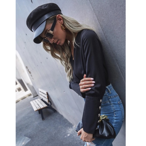 Black Elegant V neck Bodysuit Surplice Decolleté Long Sleeves - Picture 3 of 7